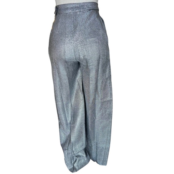 Vintage Custom Made High Waist Silver Mesh Wide Leg Pleat Front Trousers - Picture 4 of 13